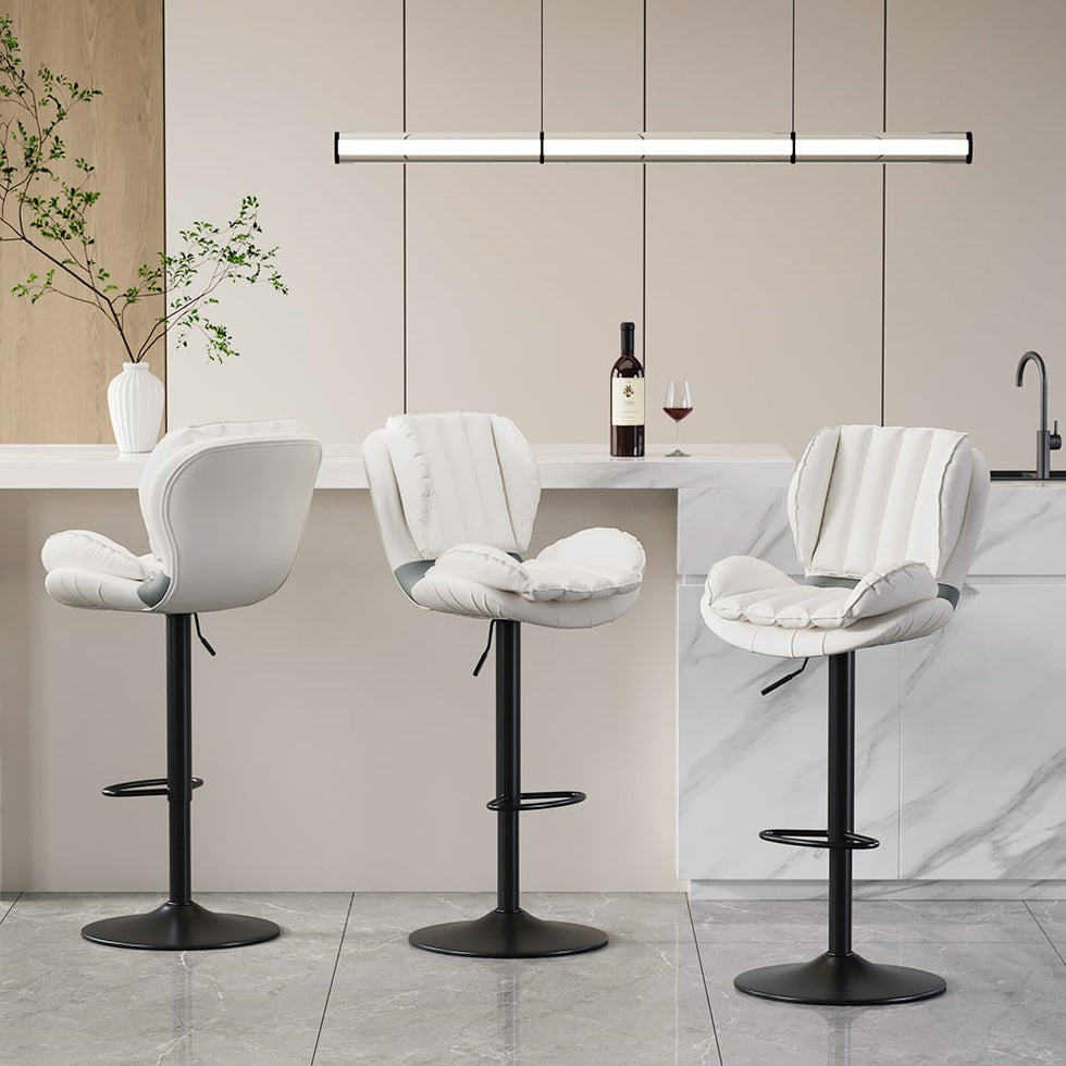 HMR - Swivel PU Leather Upholstered Adjustable Bar Stool with Backrest in White