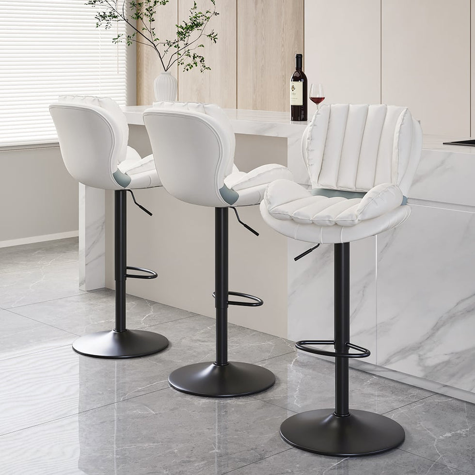 HMR - Swivel PU Leather Upholstered Adjustable Bar Stool with Backrest in White