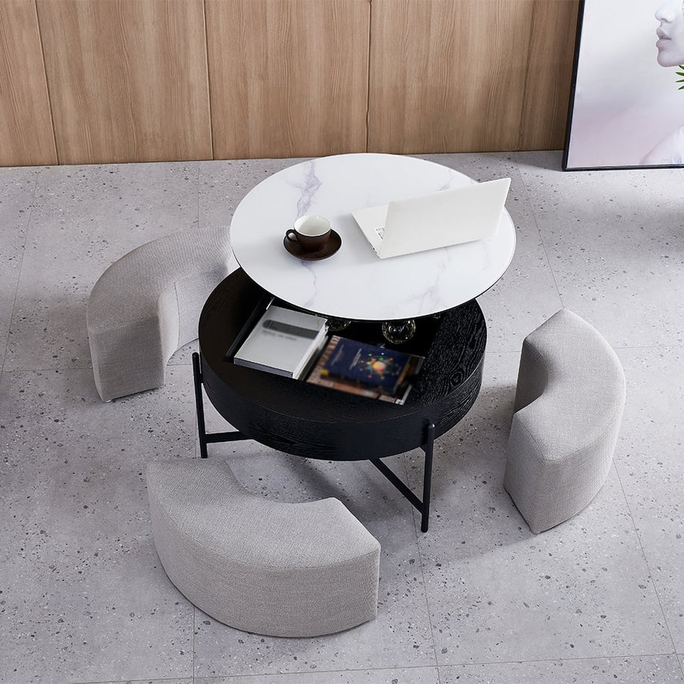HMR - Modern Round Lift-Top Coffee Table with Stools