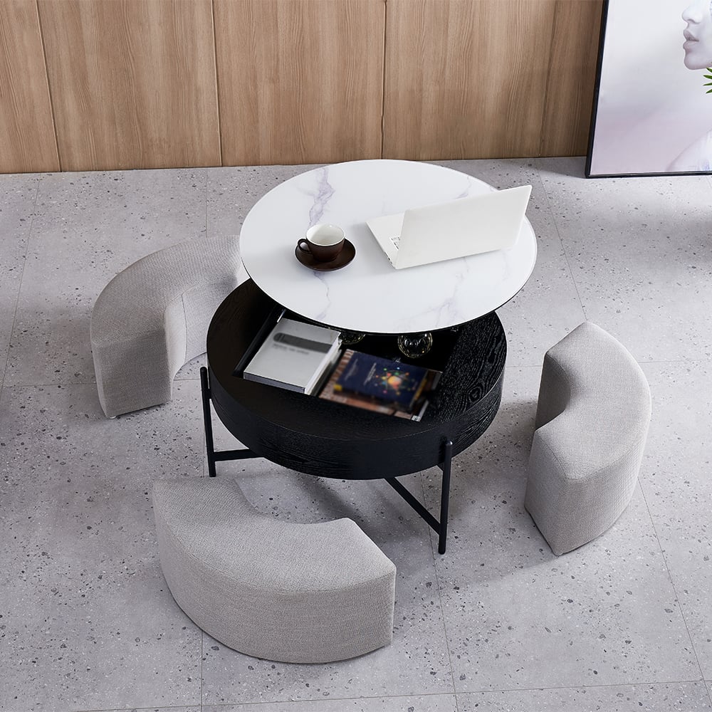 HMR - Modern Round Lift-Top Coffee Table with Stools