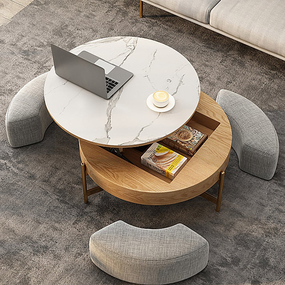 HMR - Modern Round Lift-Top Coffee Table with Stools