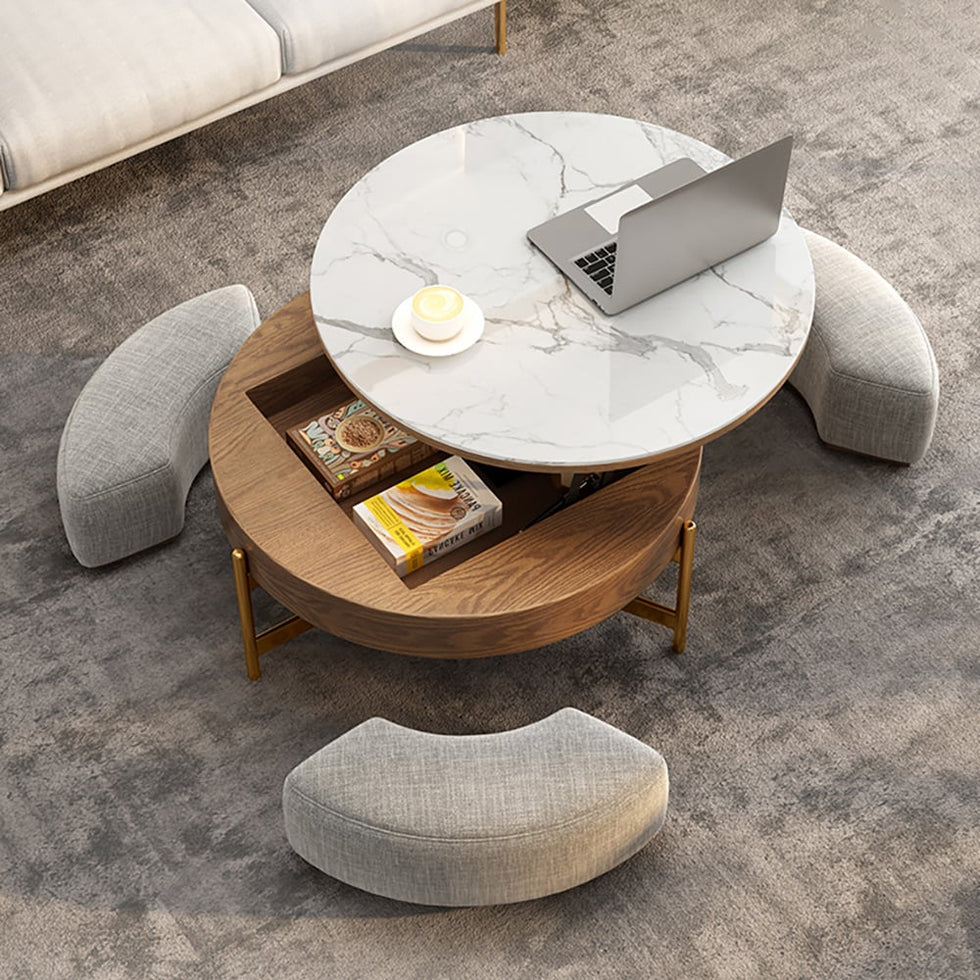 HMR - Modern Round Lift-Top Coffee Table with Stools