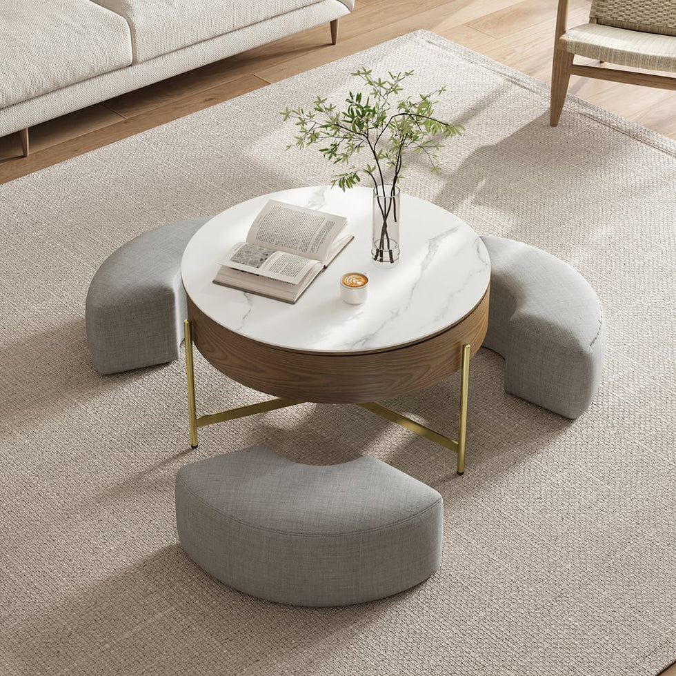 HMR - Modern Round Lift-Top Coffee Table with Stools