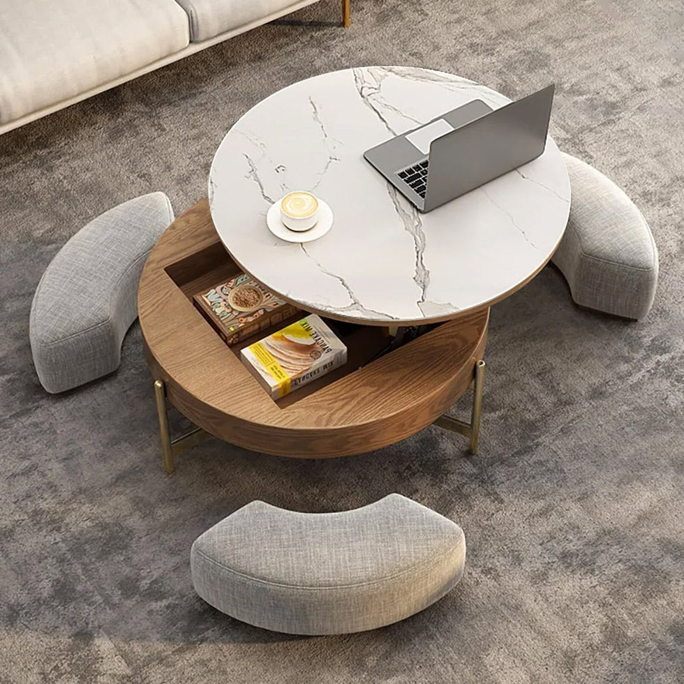 HMR - Modern Round Lift-Top Coffee Table with Stools