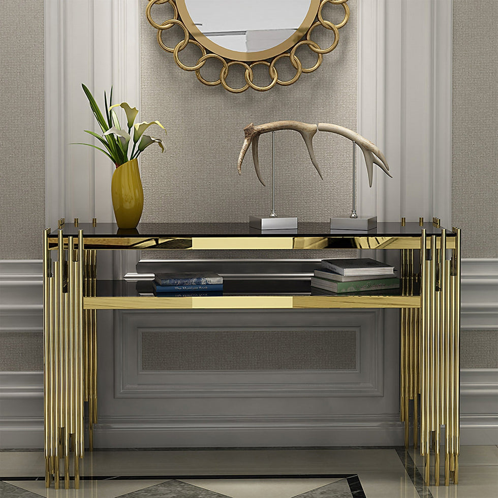 HMR - 47.2" Modern Faux Marble Narrow Console Table with Storage Shelf and 4 Gold Legs
