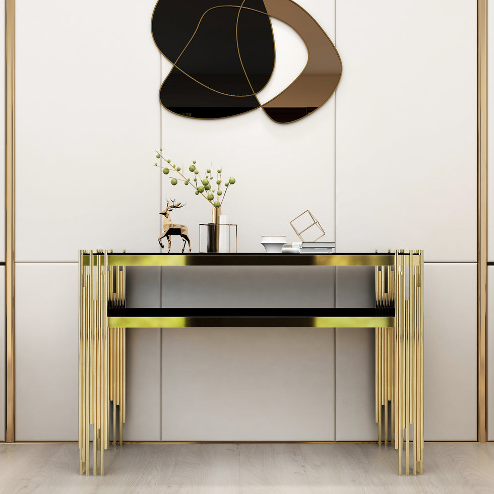 HMR - 47.2" Modern Faux Marble Narrow Console Table with Storage Shelf and 4 Gold Legs