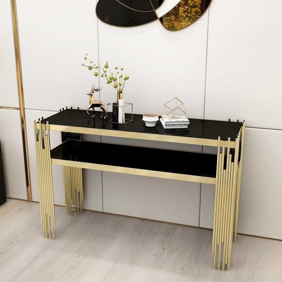 HMR - 47.2" Modern Faux Marble Narrow Console Table with Storage Shelf and 4 Gold Legs