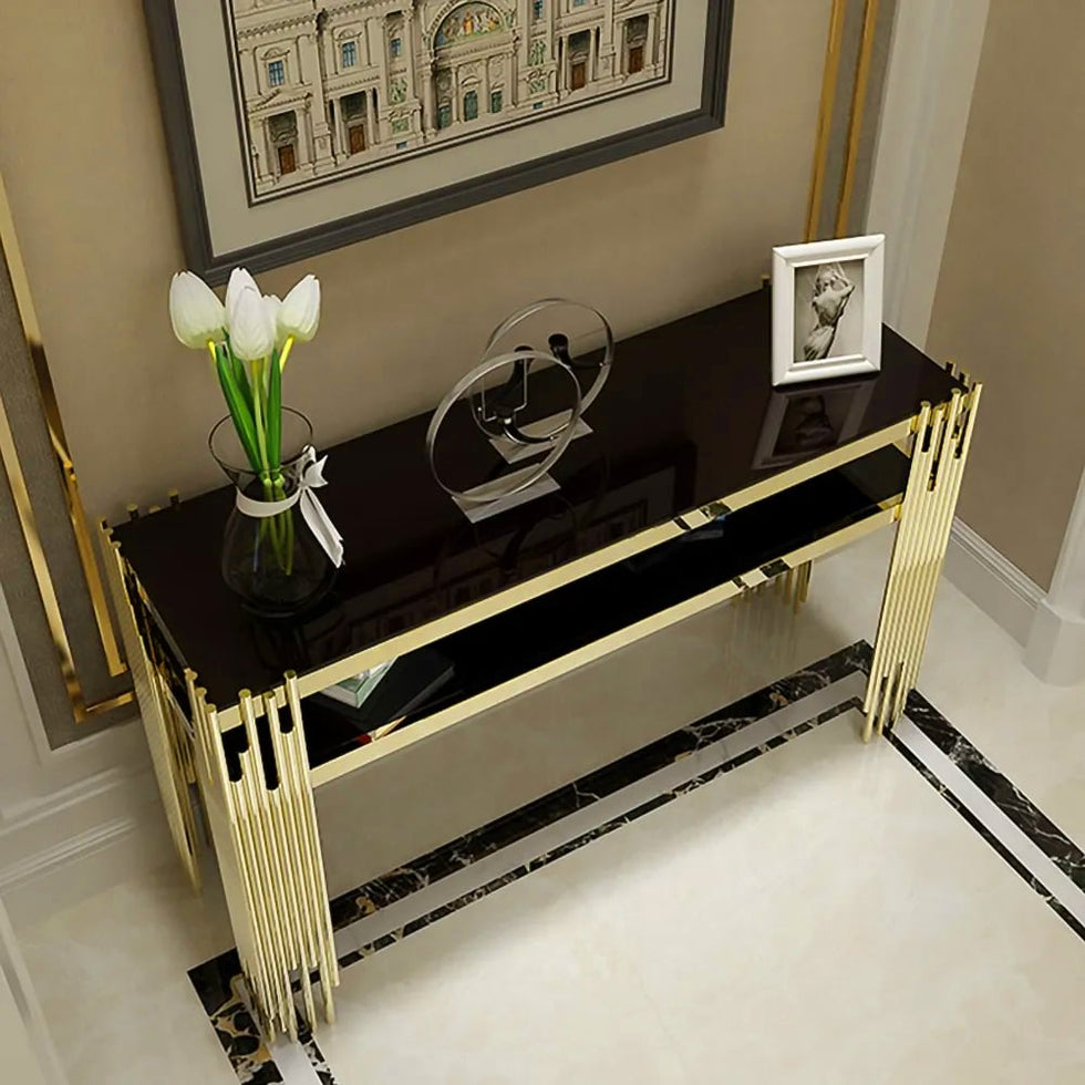 HMR - 47.2" Modern Faux Marble Narrow Console Table with Storage Shelf and 4 Gold Legs
