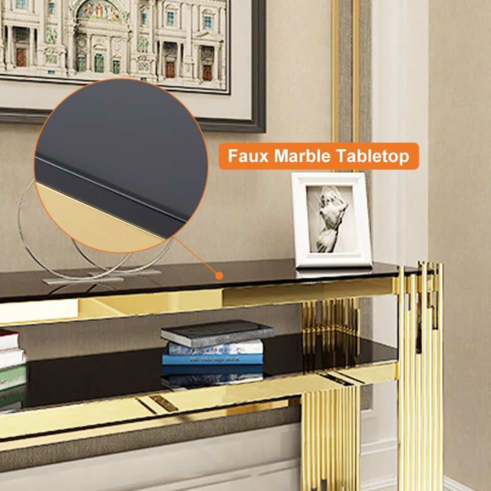 HMR - 47.2" Modern Faux Marble Narrow Console Table with Storage Shelf and 4 Gold Legs