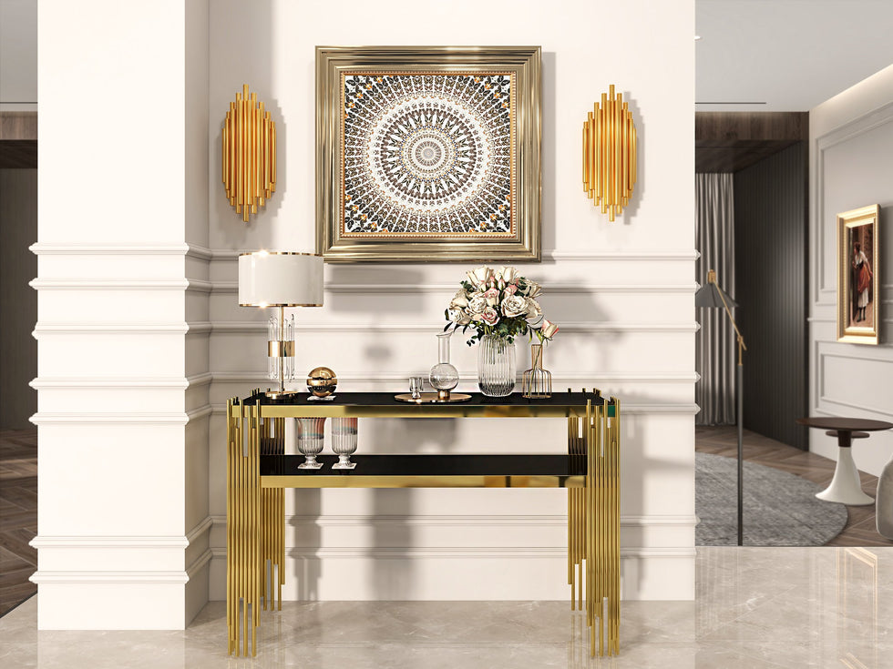 HMR - 47.2" Modern Faux Marble Narrow Console Table with Storage Shelf and 4 Gold Legs