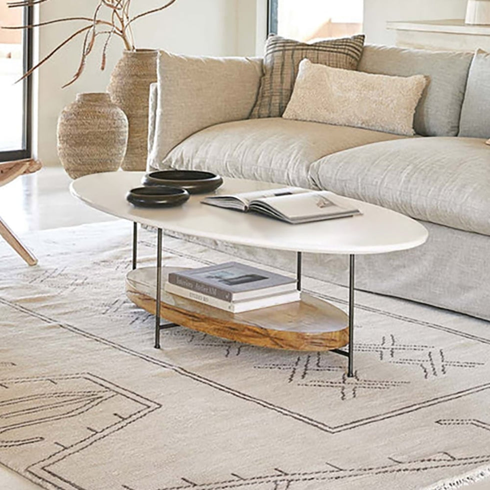 HMR - Modern Oval Coffee Table with Storage Shelf