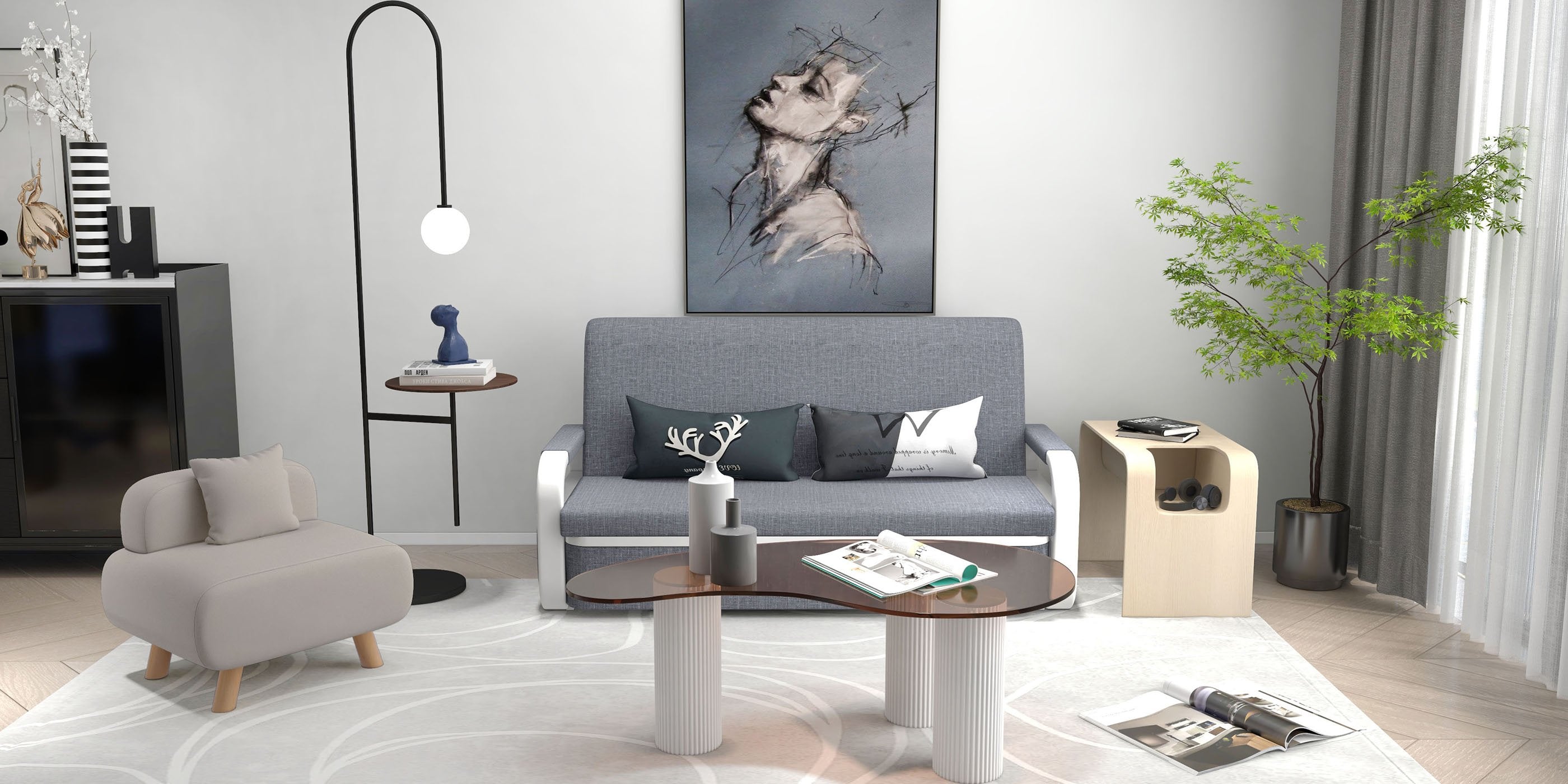 HMR - C-Shaped Convertible Wood Side Table with Storage