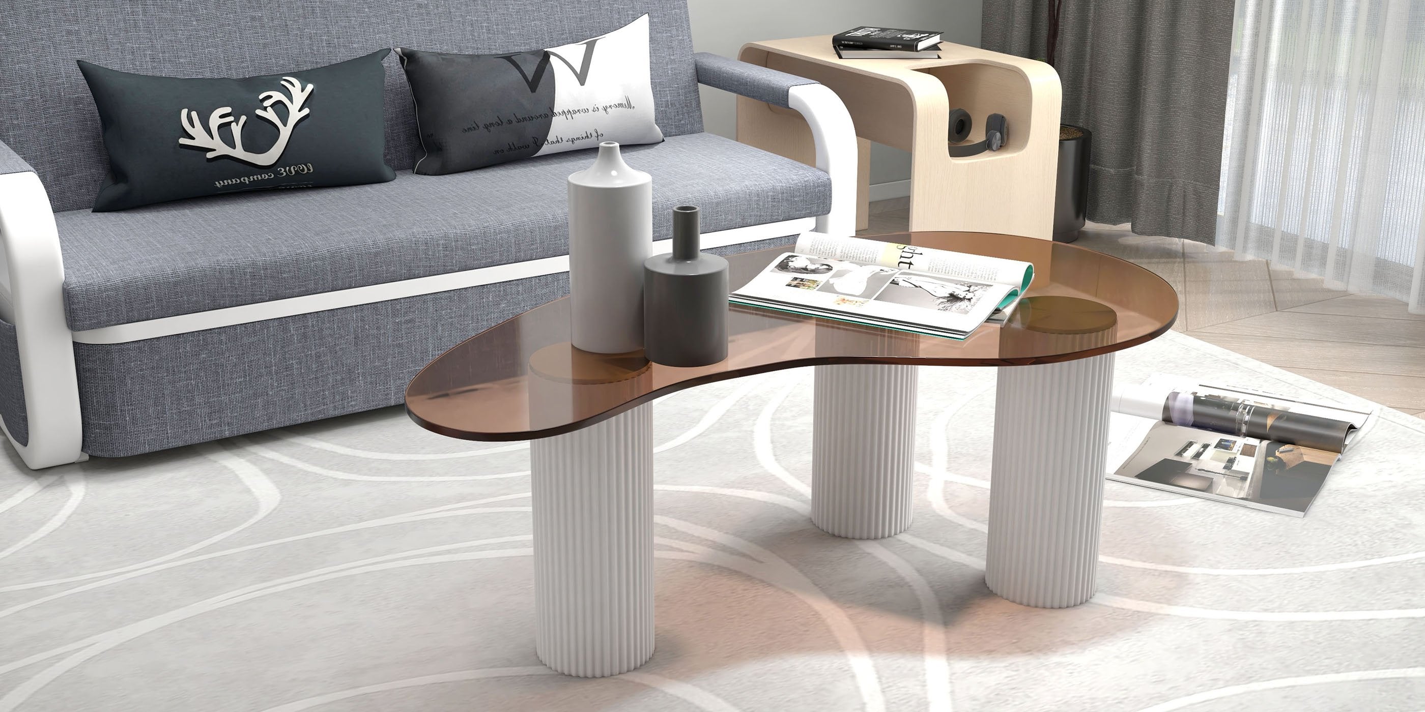 HMR - C-Shaped Convertible Wood Side Table with Storage
