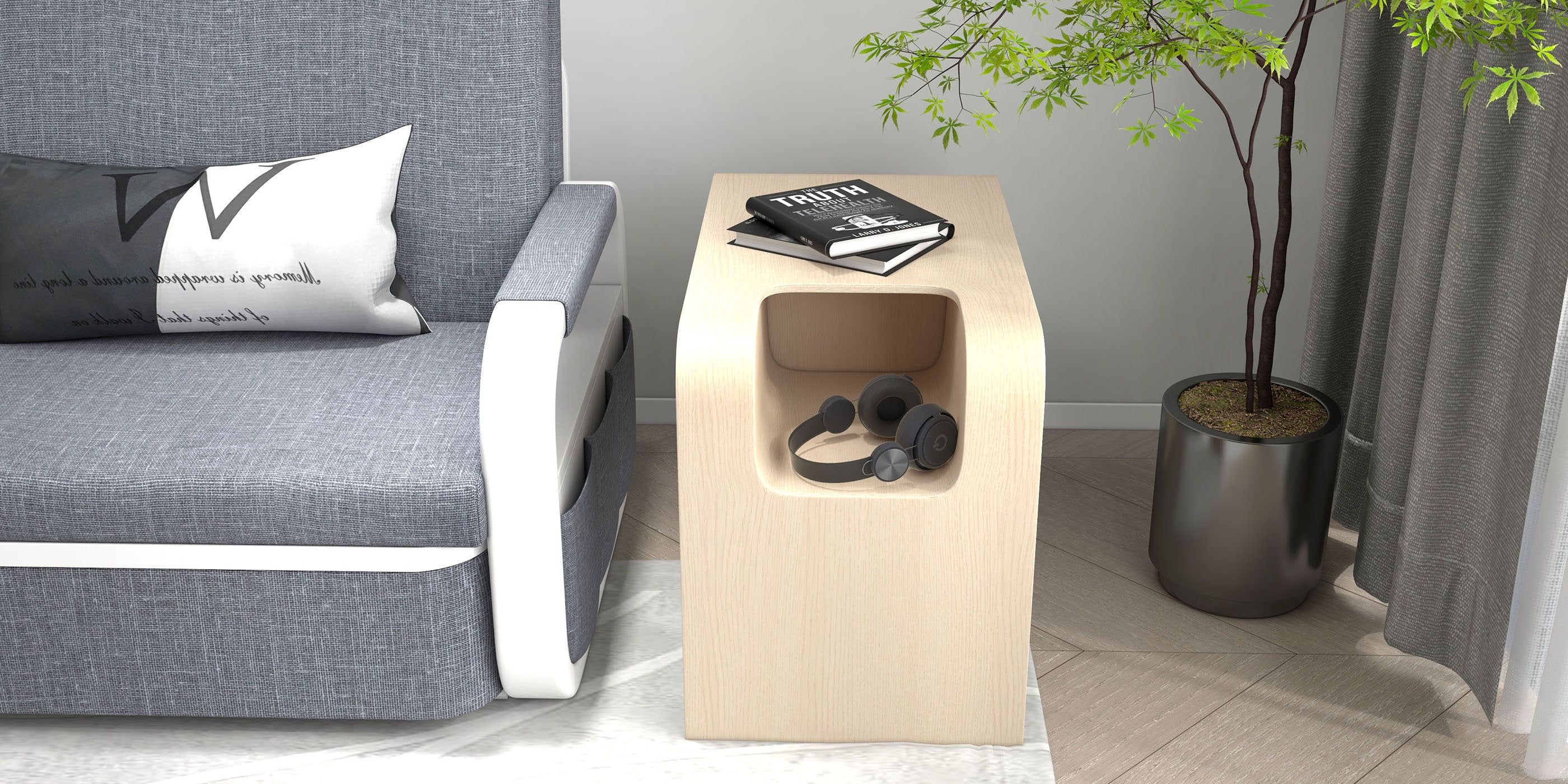 HMR - C-Shaped Convertible Wood Side Table with Storage