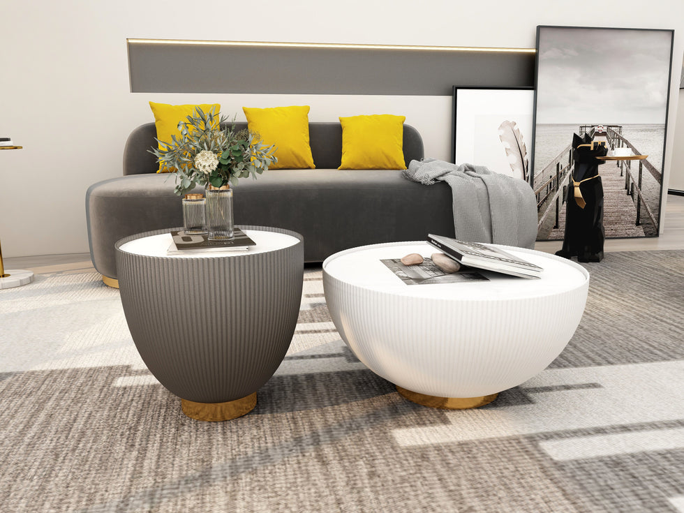 HMR - Round Sintered Stone Leather Drum Coffee Table Set (20"-28")