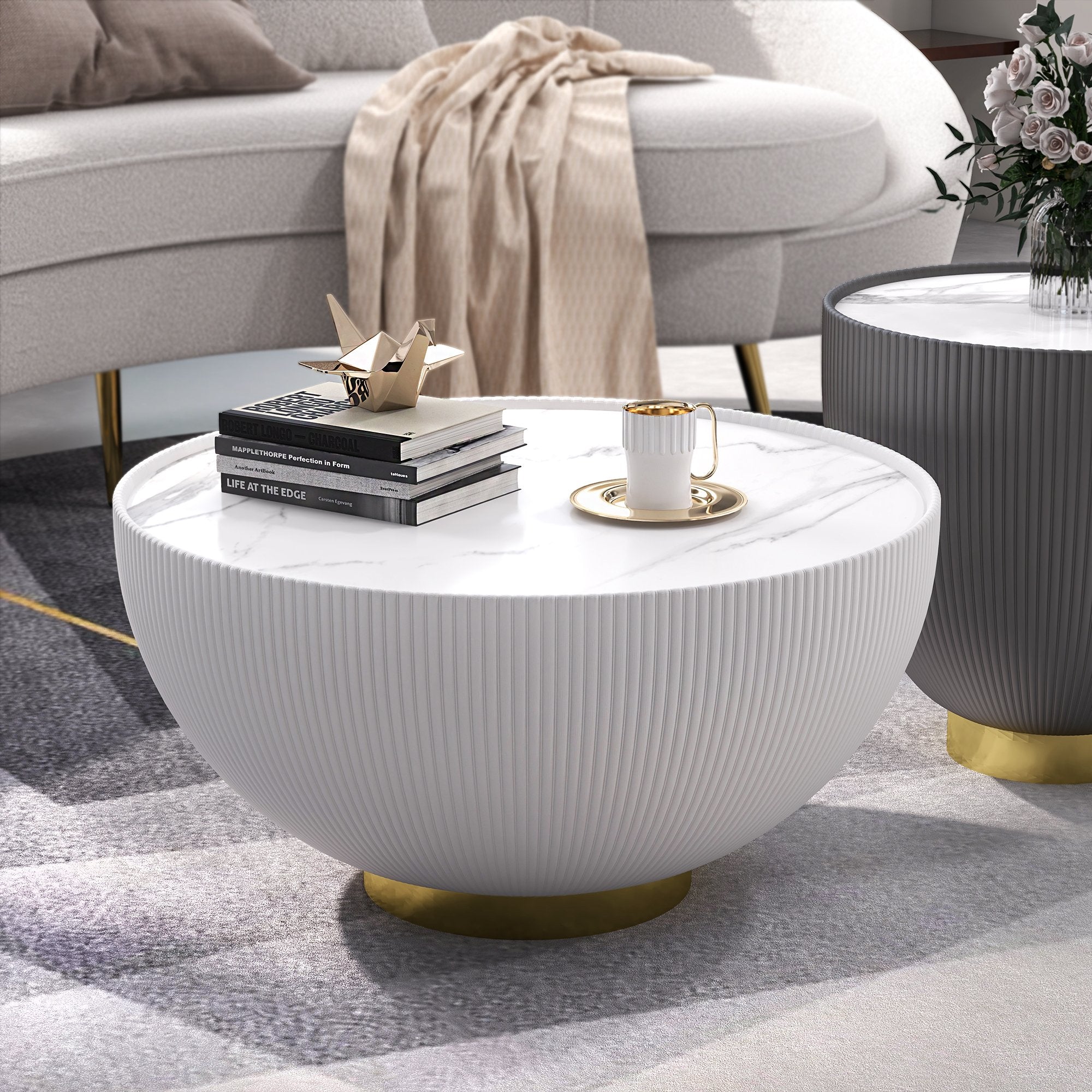 HMR - Round Sintered Stone Leather Drum Coffee Table
