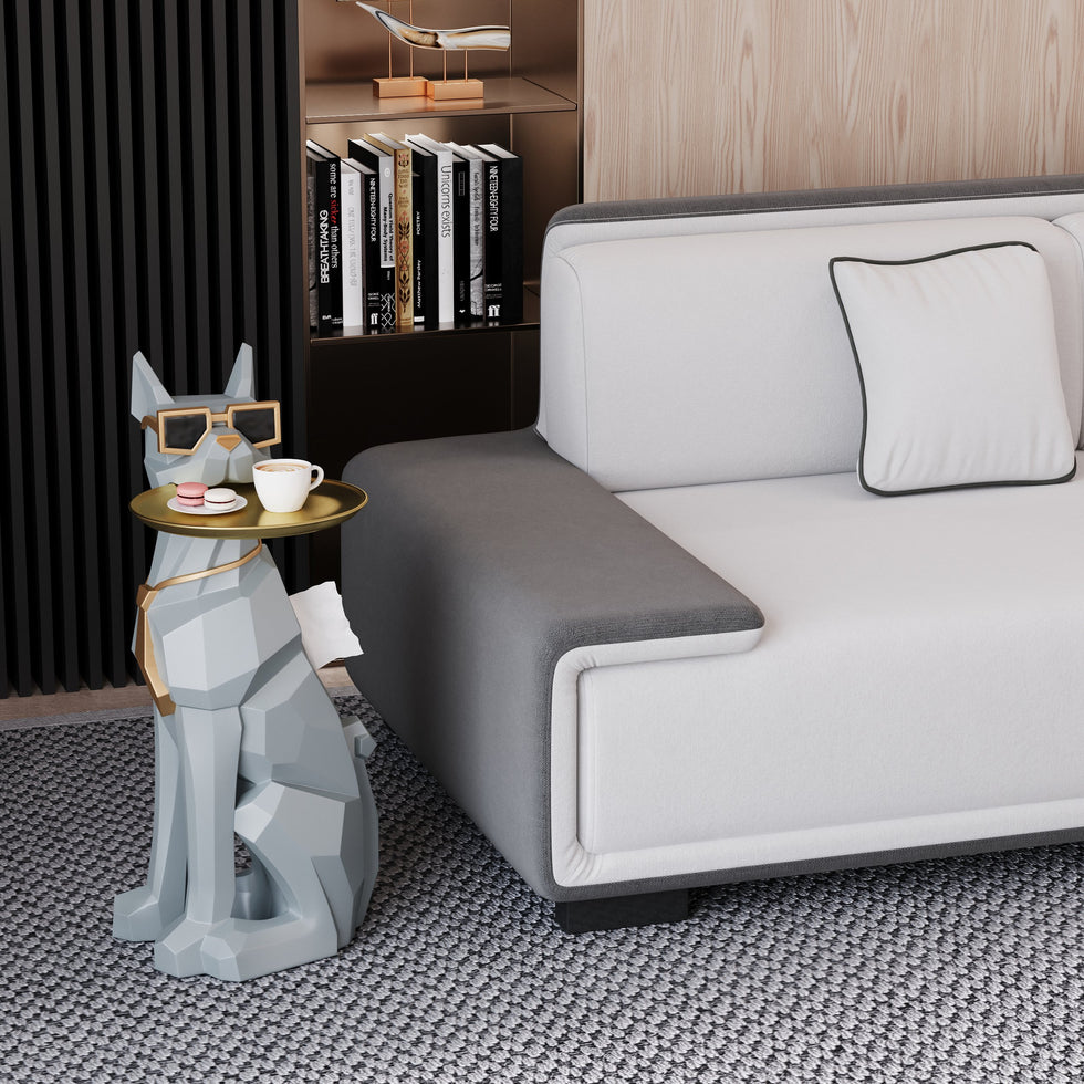 HMR - Dog Sculpture Resin Side Table with Tray Top & Tissue Box