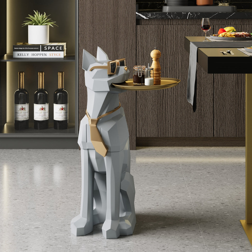 HMR - Dog Sculpture Resin Side Table with Tray Top & Tissue Box