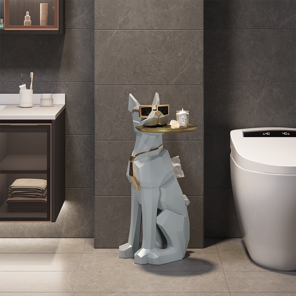 HMR - Dog Sculpture Resin Side Table with Tray Top & Tissue Box