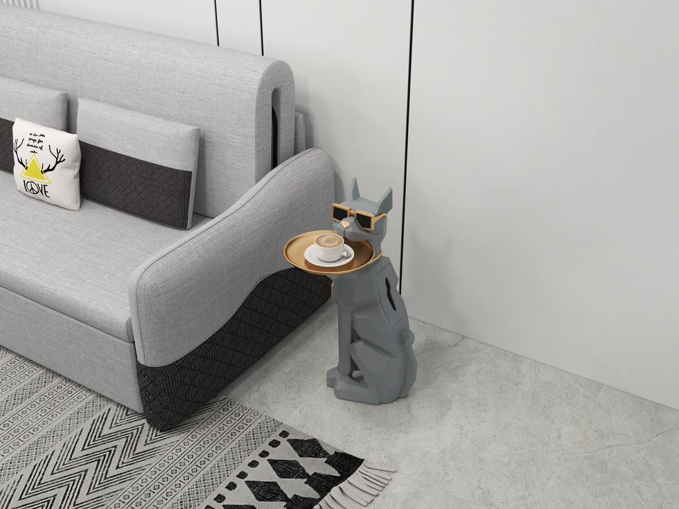HMR - Dog Sculpture Resin Side Table with Tray Top & Tissue Box