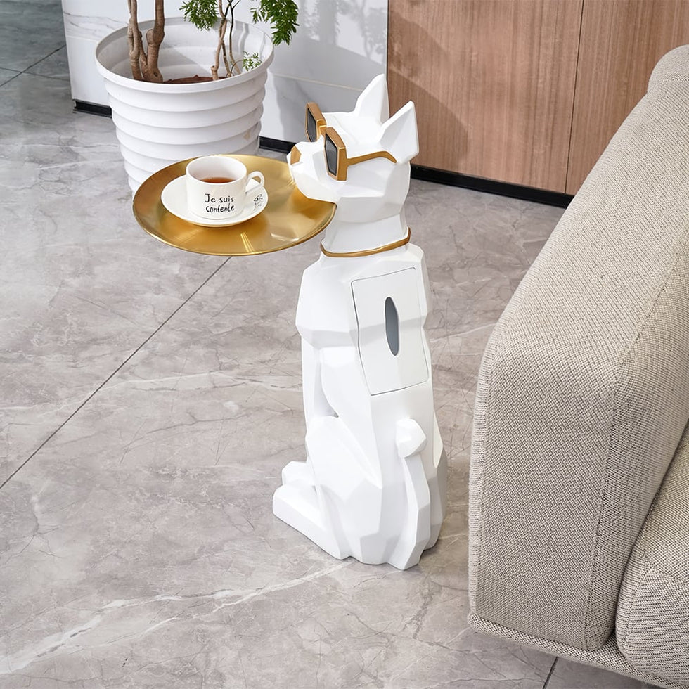 HMR - Dog Sculpture Resin Side Table with Tray Top & Tissue Box