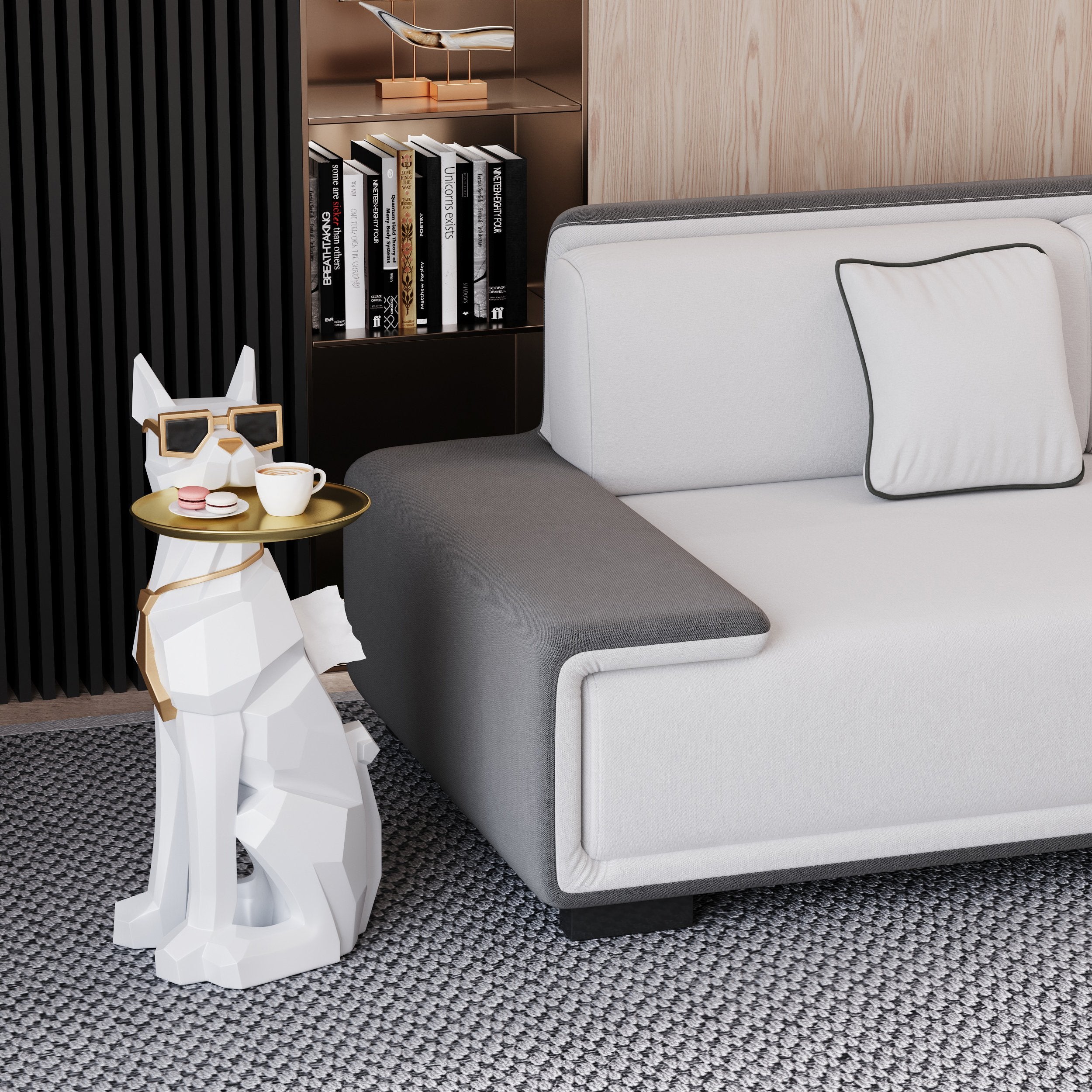 HMR - Dog Sculpture Resin Side Table with Tray Top & Tissue Box