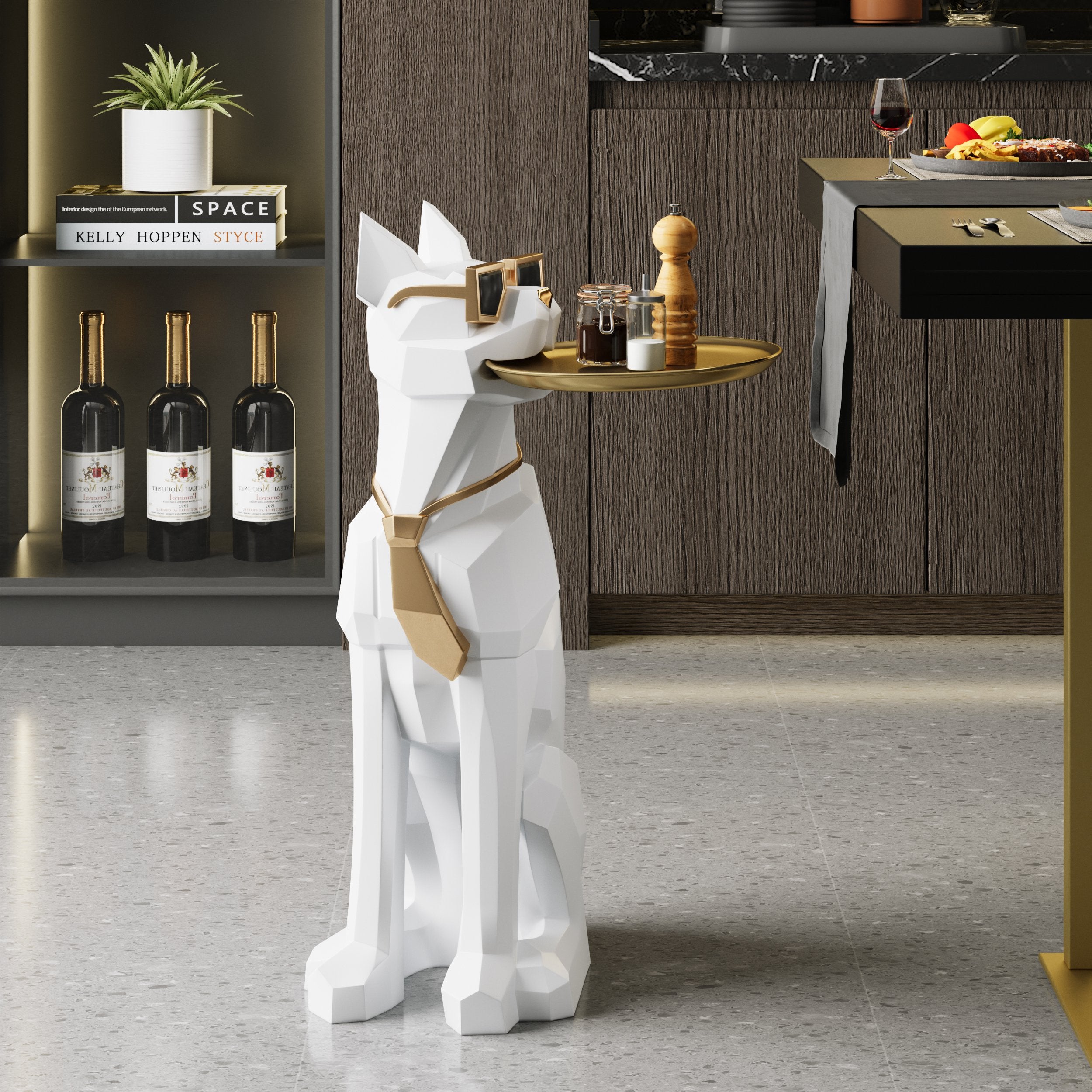 HMR - Dog Sculpture Resin Side Table with Tray Top & Tissue Box
