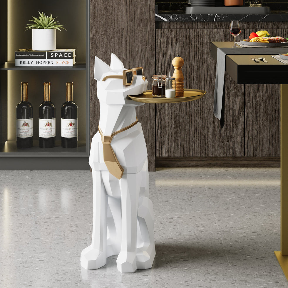 HMR - Dog Sculpture Resin Side Table with Tray Top & Tissue Box