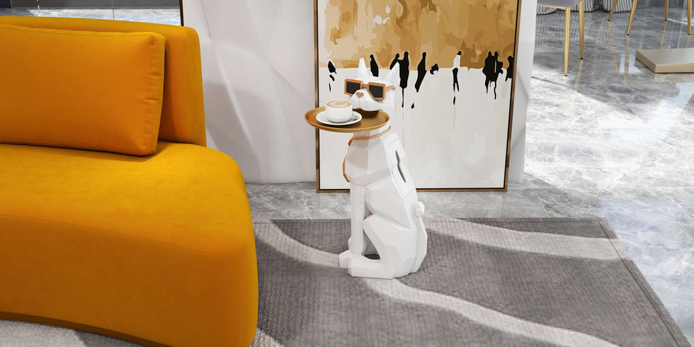 HMR - Dog Sculpture Resin Side Table with Tray Top & Tissue Box