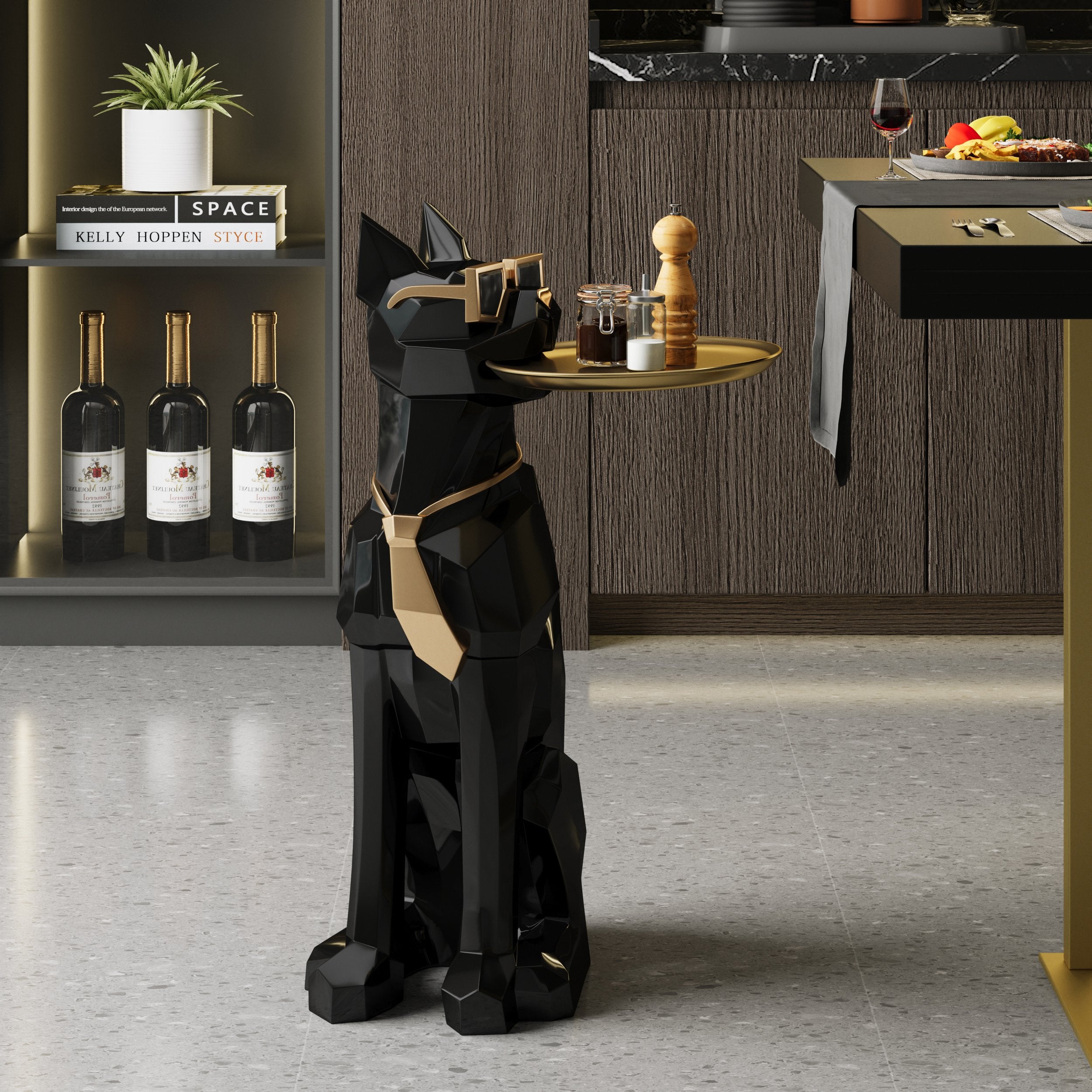 HMR - Dog Sculpture Resin Side Table with Tray Top & Tissue Box