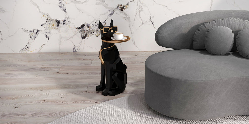 HMR - Dog Sculpture Resin Side Table with Tray Top & Tissue Box