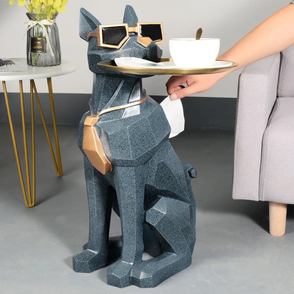 HMR - Dog Sculpture Resin Side Table with Tray Top & Tissue Box