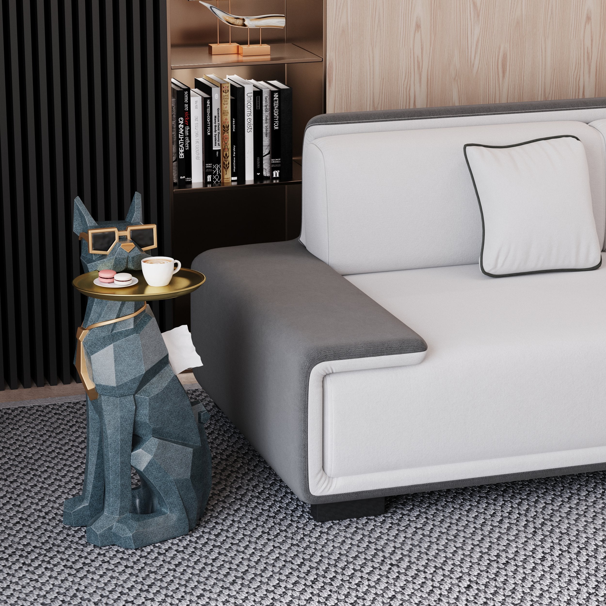 HMR - Dog Sculpture Resin Side Table with Tray Top & Tissue Box