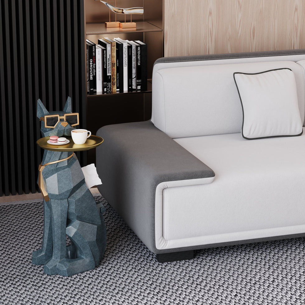 HMR - Dog Sculpture Resin Side Table with Tray Top & Tissue Box