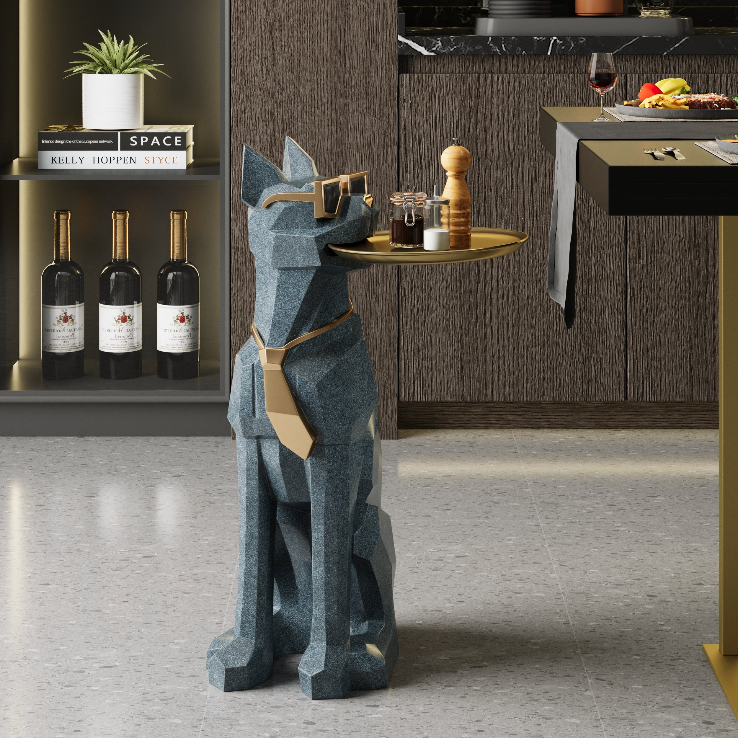 HMR - Dog Sculpture Resin Side Table with Tray Top & Tissue Box