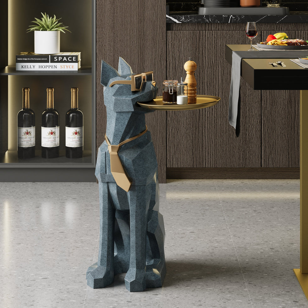 HMR - Dog Sculpture Resin Side Table with Tray Top & Tissue Box