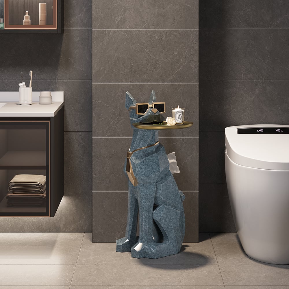 HMR - Dog Sculpture Resin Side Table with Tray Top & Tissue Box