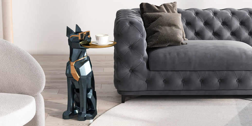 HMR - Dog Sculpture Resin Side Table with Tray Top & Tissue Box