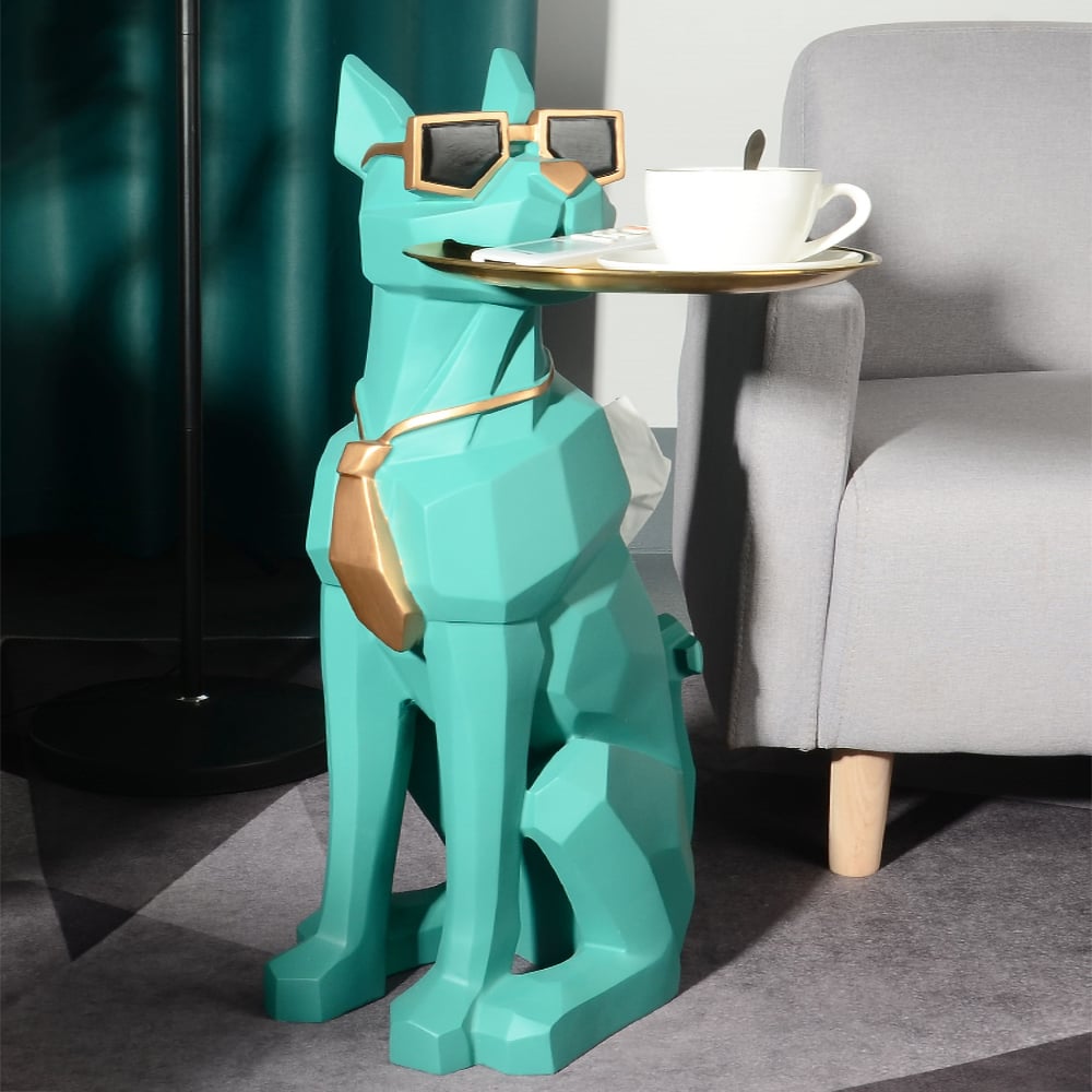 HMR - Dog Sculpture Resin Side Table with Tray Top & Tissue Box