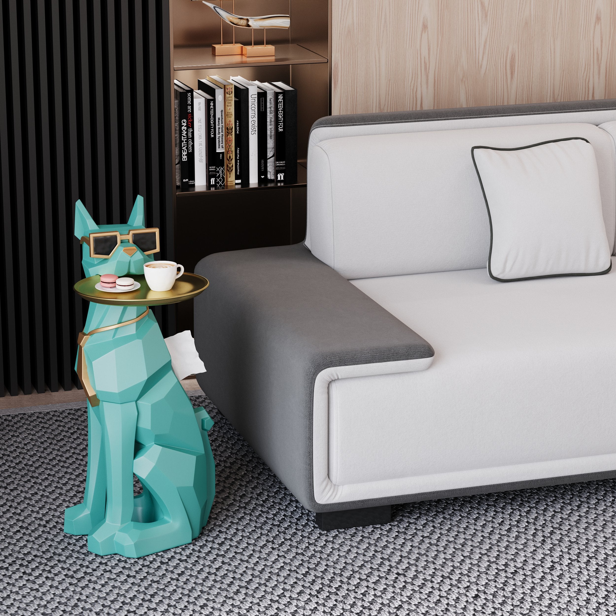 HMR - Dog Sculpture Resin Side Table with Tray Top & Tissue Box