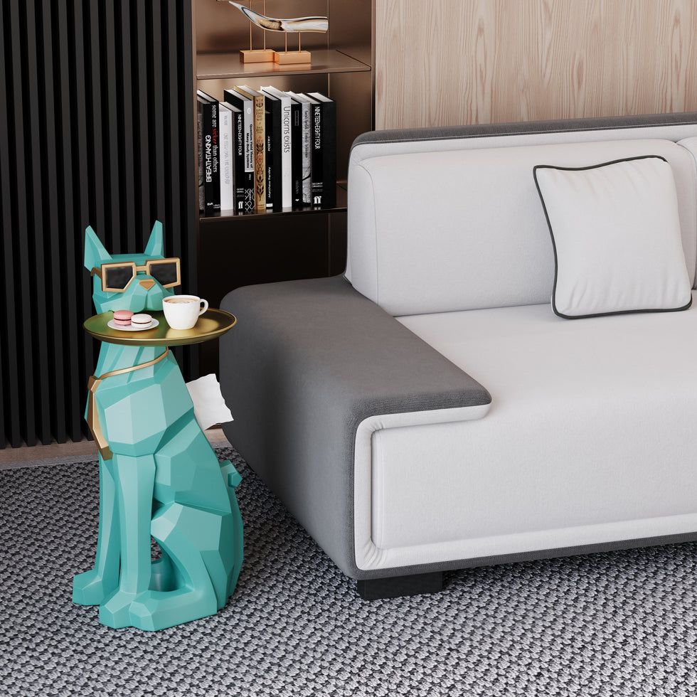 HMR - Dog Sculpture Resin Side Table with Tray Top & Tissue Box