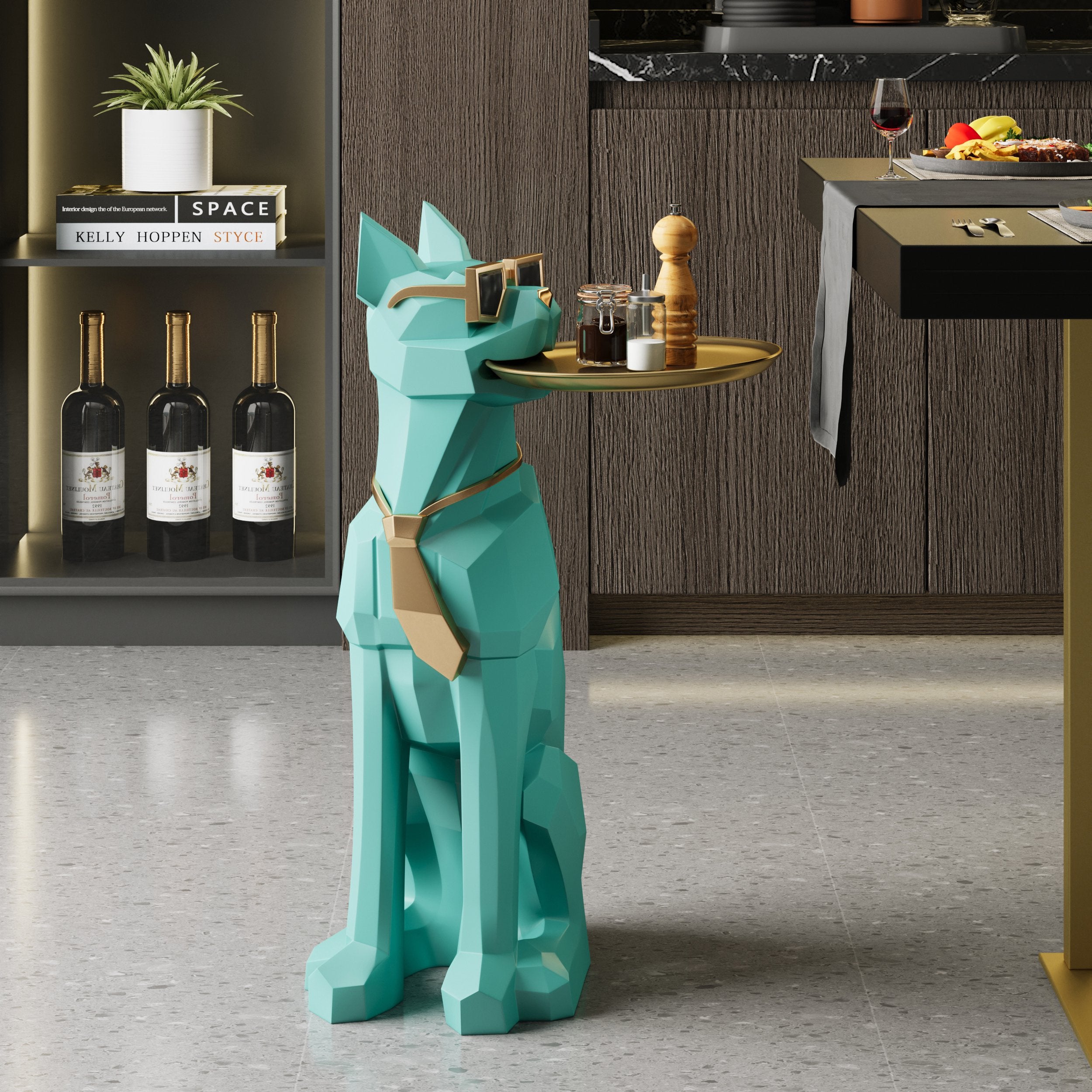 HMR - Dog Sculpture Resin Side Table with Tray Top & Tissue Box