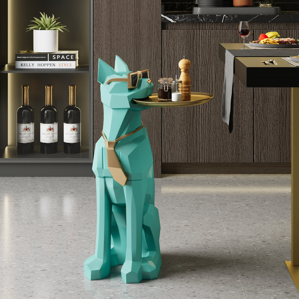 HMR - Dog Sculpture Resin Side Table with Tray Top & Tissue Box