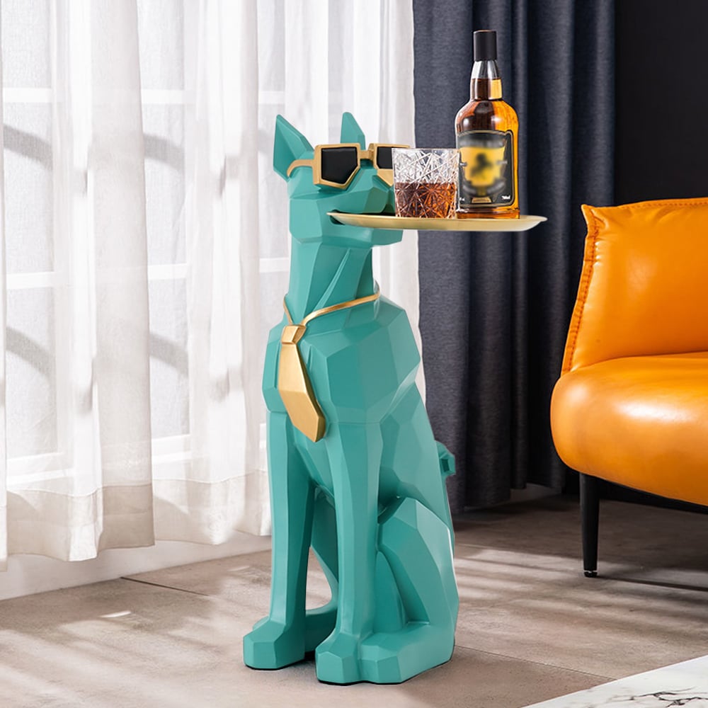 HMR - Dog Sculpture Resin Side Table with Tray Top & Tissue Box
