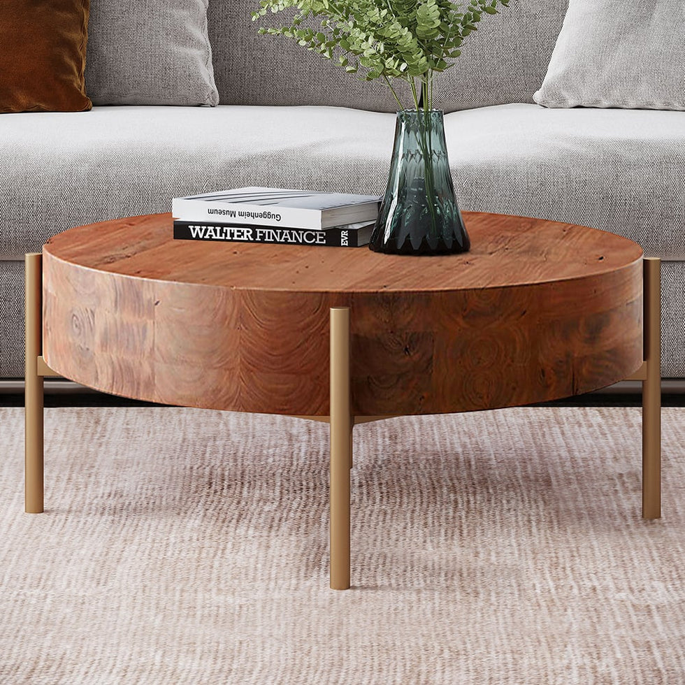 HMR - Retro Round Coffee Table with Metal Legs in Wood