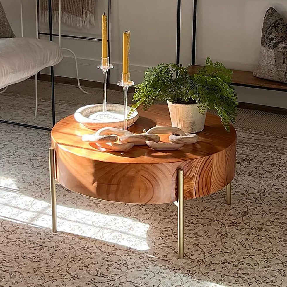 HMR - Retro Round Coffee Table with Metal Legs in Wood