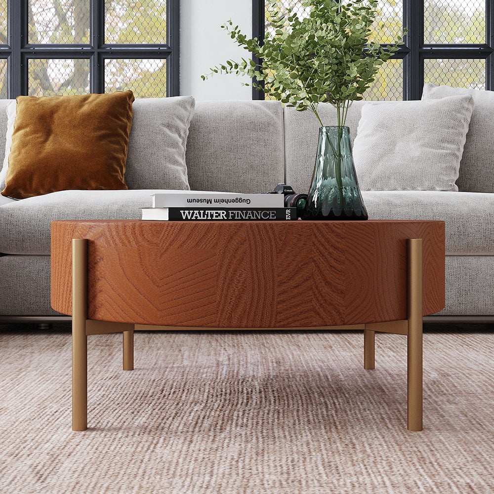 HMR - Retro Round Coffee Table with Metal Legs in Wood
