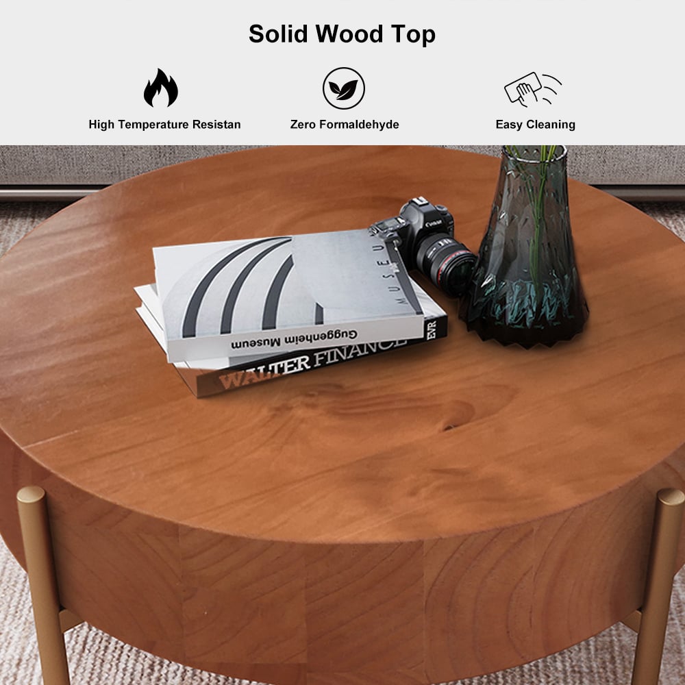 HMR - Retro Round Coffee Table with Metal Legs in Wood