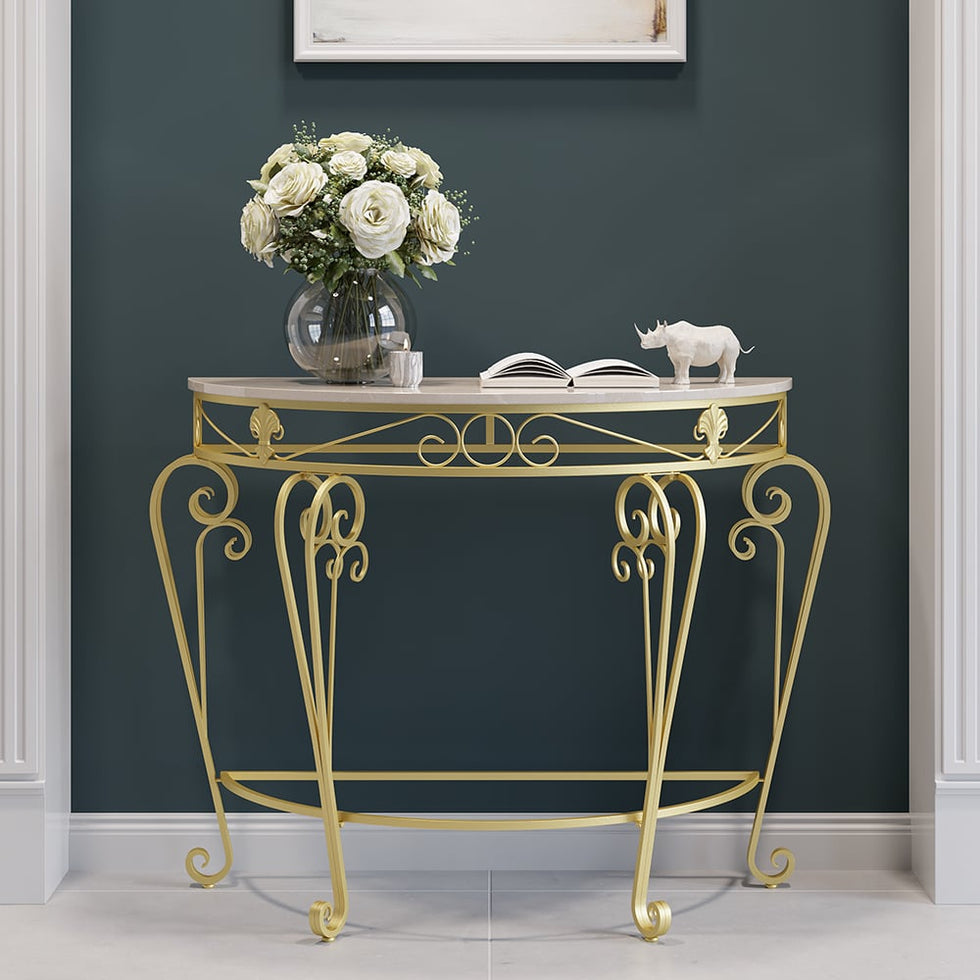 HMR - Modern Metal Console Table with Classical Frame in Gold