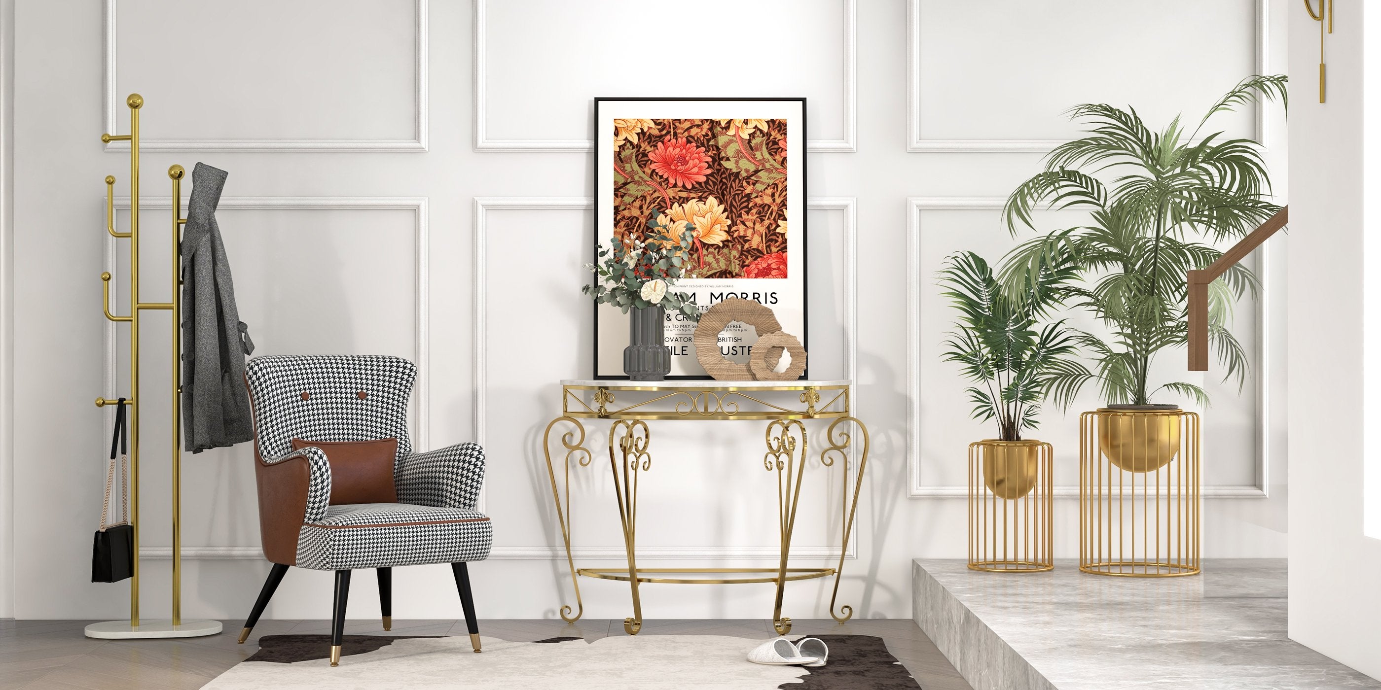 HMR - Modern Metal Console Table with Classical Frame in Gold